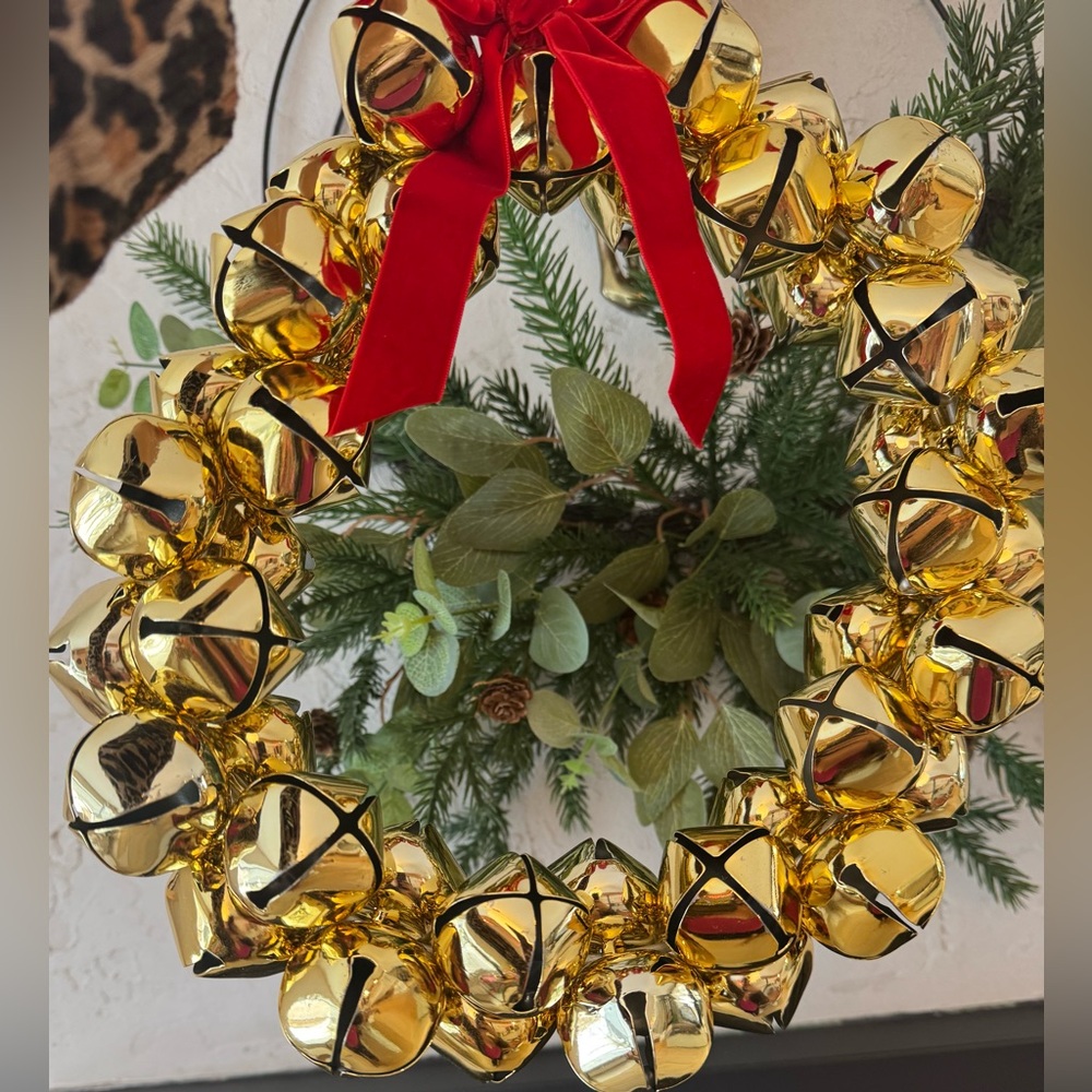 Large Metal Bell Wreath with Red Velvet Bow